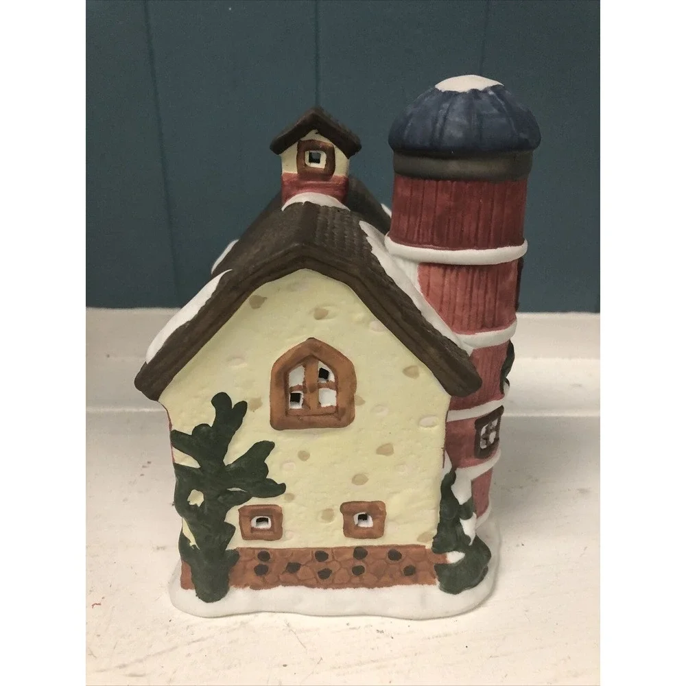 Ceramic Christmas Village Small Barn with Red Silo Snowy Accents 6.5